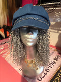 Denim hat with gray curly 16 inch hair