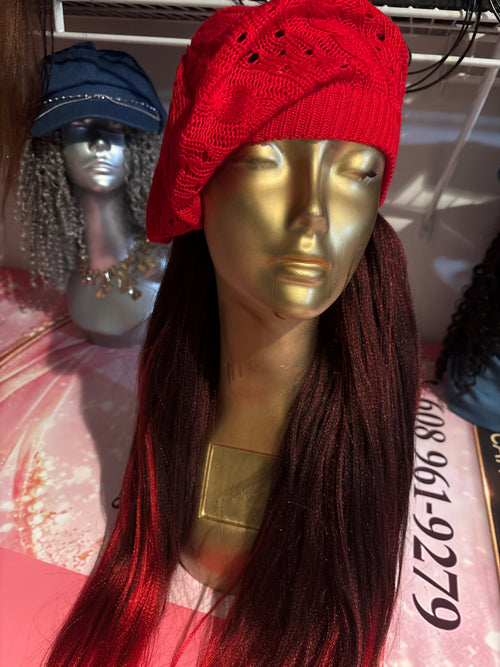 A beautiful red painters hat with red ombre hair 50”