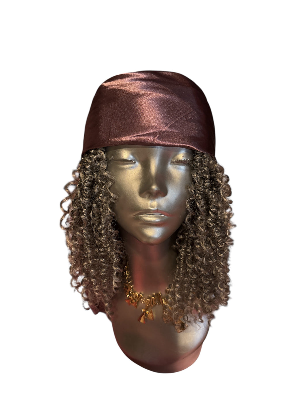 ￼ curly 16 inch gray hair, violet, purple silk scarf